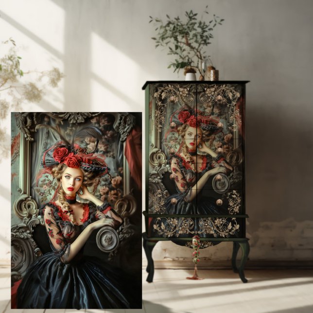 Papel De Seda Arte de retrato de elegância sombria neo-vitoriana (Neo Victorian Gothic Beauty, Historical Costumed Woman, Dark Elegance, Red Highlights, Decoupage.)