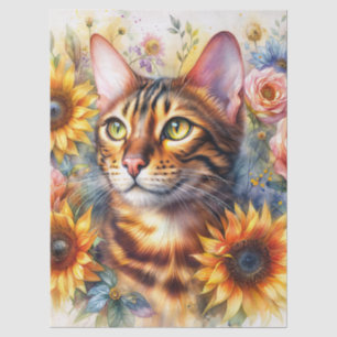 Papel De Seda Arte de retrato em aquarela floral de gato
