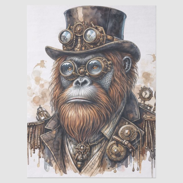 Papel De Seda Arte em Aquarela de Orangotango Steampunk (Frente )