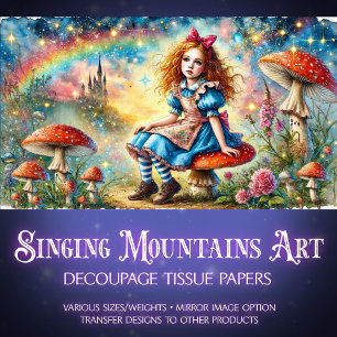 Papel De Seda Arte Fantasia Alice no Cogumelo Decoupage Mundo da