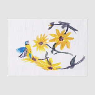 Papel De Seda Arte Floral De Pássaros, Flores Azuis