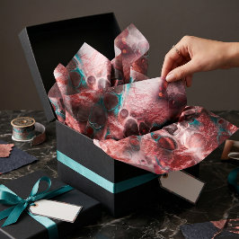 Papel De Seda Arte Fluido Abstrato em Vermelho e Azul Turquesa c