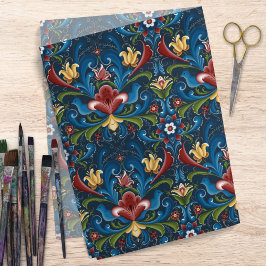 Papel De Seda Arte Folclórica Escandinava Padrão Floral Azul Ver