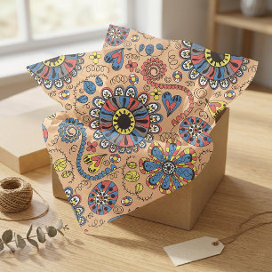 Papel De Seda Arte Folclórica Retro Boho Floral e Padrão de Cora