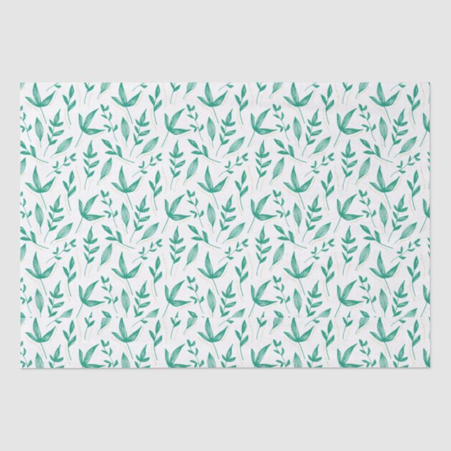 Papel De Seda Arte Linear de Folhas Verdes Brancas Elegantes (Frente )