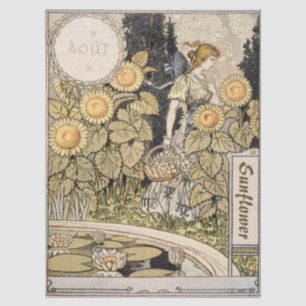Papel De Seda Arte Nova Antiga Jardim de Girassóis Mulher Grasse