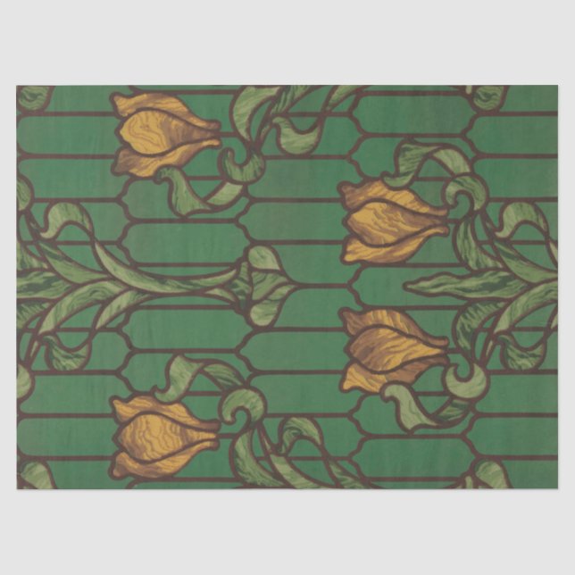 Papel De Seda Arte nova floral em vitral verde laranja (Frente )