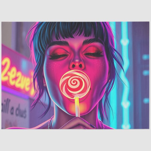 Papel De Seda Arte Pop de Pirulito Neon - Garota de Doce Cyberpu (Frente )