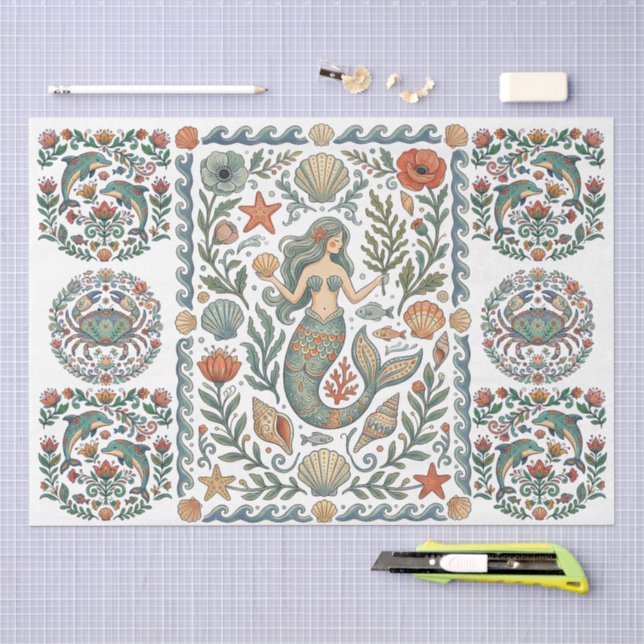 Papel De Seda Arte Popular Fantasiosa Colagem de Sereia Floral  (Arte )