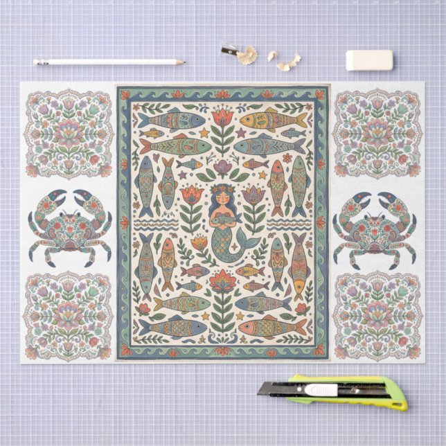 Papel De Seda Arte Popular Fantasiosa Colagem de Sereia Floral  (Arte )