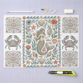 Papel De Seda Arte Popular Fantástica Colagem de Sereia Floral 