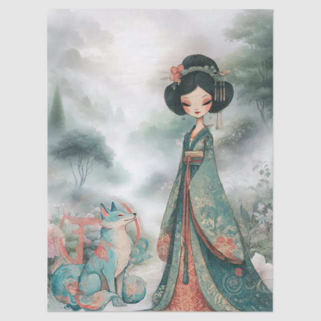 Papel De Seda Artesanato Teal Floral Geisha chique (Frente )