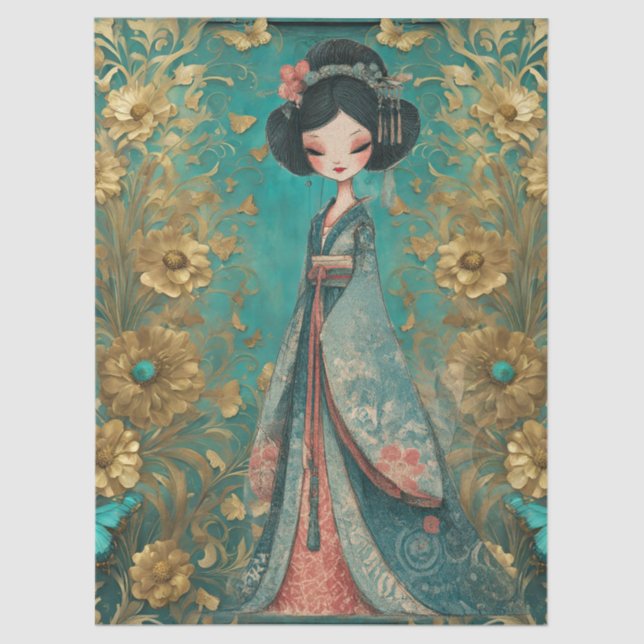 Papel De Seda Artesanato Teal Floral Geisha chique (Frente )