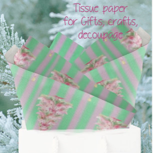 Papel De Seda Árvore de Natal com Listras Rosa Verde Menta Vinta