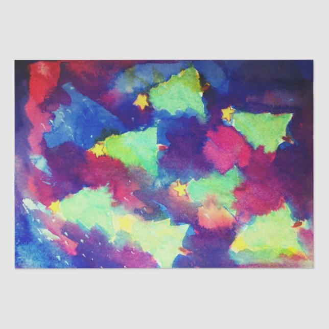 Papel De Seda ÁRVORE DE NATAL E ESTRELAS, Aquarela (Frente )