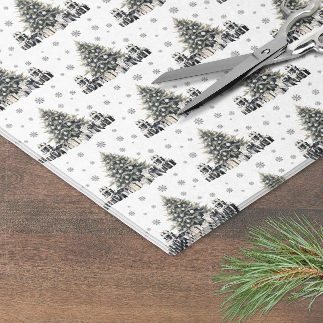 Papel De Seda Árvore de Natal Elegante Branca Negra (Black White Elegant Christmas Tree Tissue Paper)