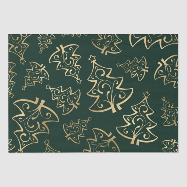 Papel De Seda Árvore de Natal Elegante Verde e Dourada em Faux F (Frente )