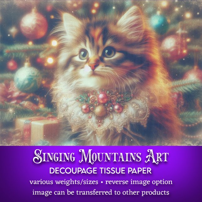 Papel De Seda Árvore de Natal Festiva com Gato em Decoupage (Criador carregado)