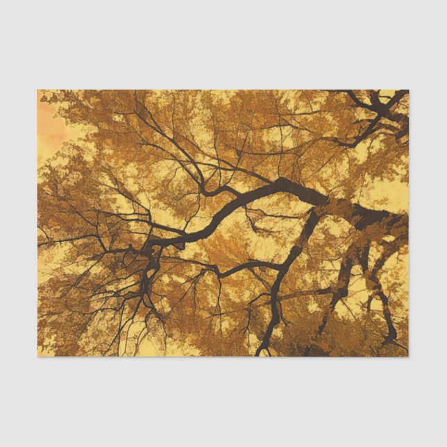 Papel De Seda Árvore de Outono Folhas Laranjas Céu Amarelo (Frente )