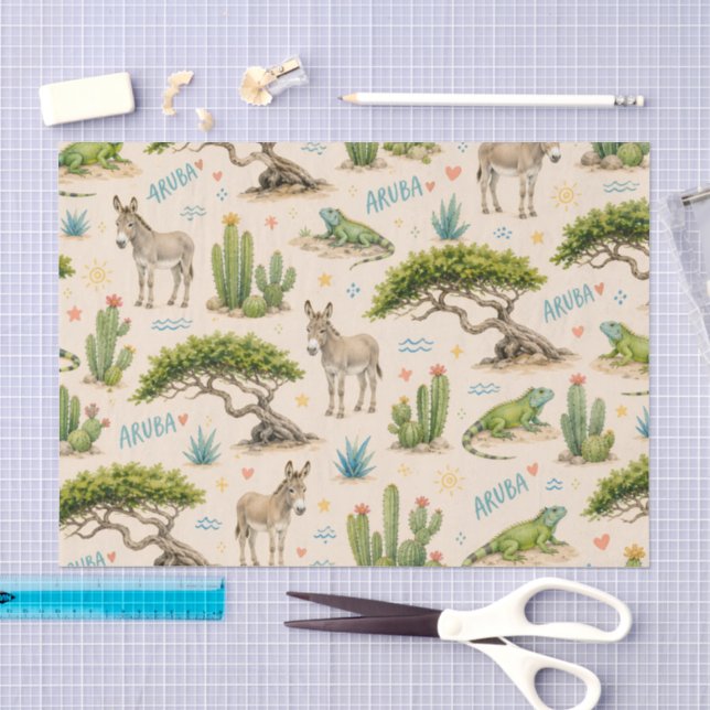 Papel De Seda Árvore divi de Aruba, burro, iguana, cacto (Arte )