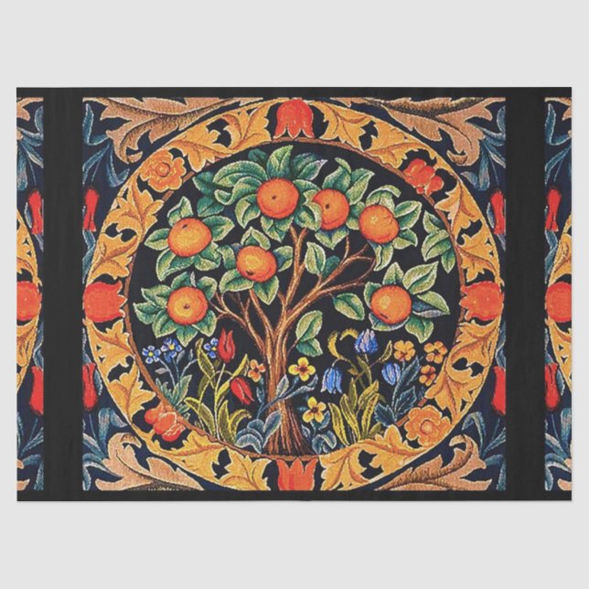 PAPEL DE SEDA ÁRVORE LARANJA COM FOLHAS VERDES, FLORES (Frente )