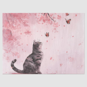 Papel De Seda Árvore Sakura Japonesa com Gato Preto e Borboleta