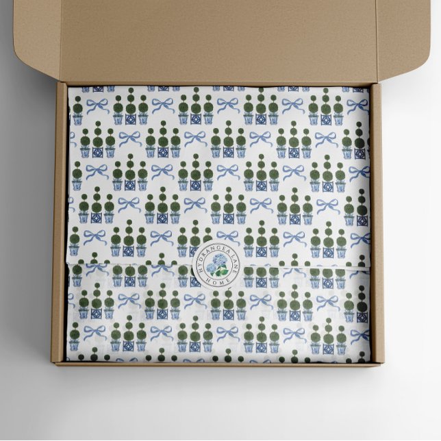 Papel De Seda Árvore Topiária Chinoiserie com Laço Azul (Chinoiserie topiary tree tissue paper
)