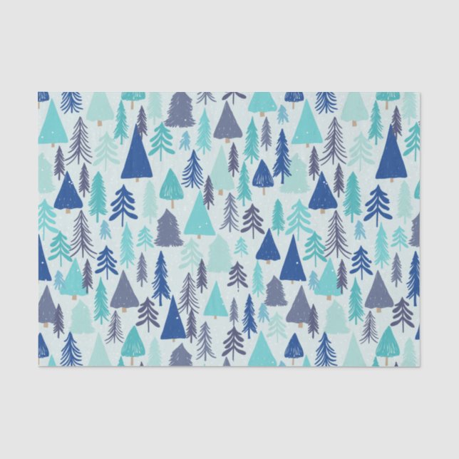 Papel De Seda Árvores de Natal Azuis em Floresta Verde (Frente )