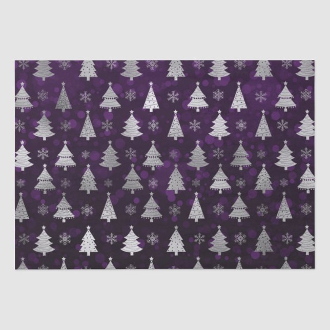 Papel De Seda Árvores de Natal com Bokeh Roxo e Folha de Prata (Frente )