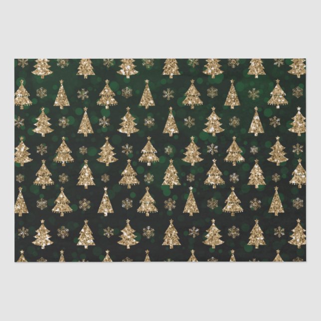 Papel De Seda Árvores de Natal com Bokeh Verde e Brilho Dourado (Frente )