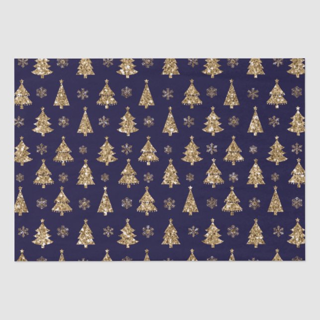Papel De Seda Árvores de Natal com Brilho Azul e Dourado (Frente )