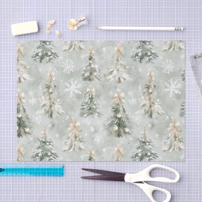 Papel De Seda Árvores de Natal Creme Verde Pinheiro Flocos de Ne (Arte )
