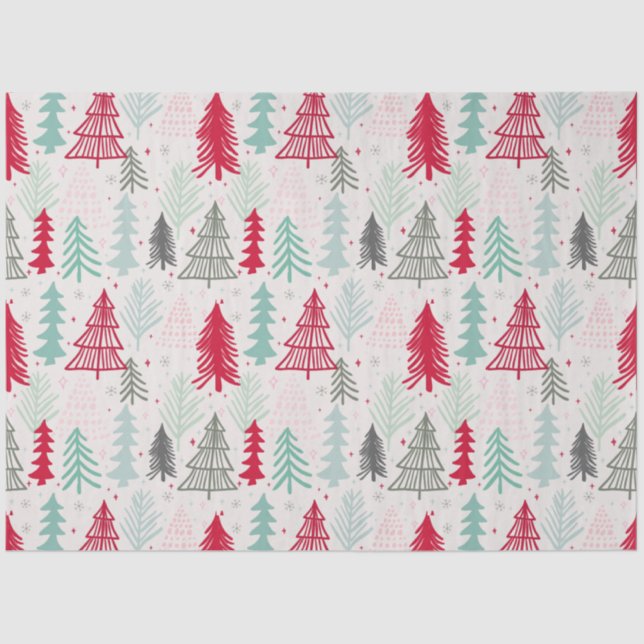 Papel De Seda Árvores de Natal Desenhadas Manualmente Ververdes  (Frente )