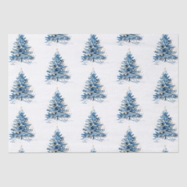 Papel De Seda Árvores de Natal Douradas e Azuis (Frente )