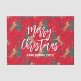 Papel De Seda Árvores de Natal e tigres padrão de fundo vermelho