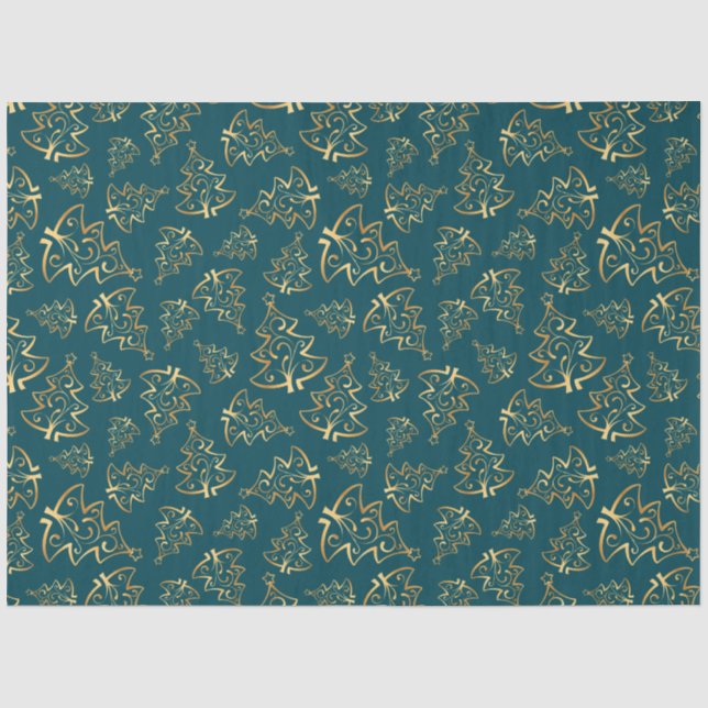 Papel De Seda Árvores de Natal Elegantes Azul Turquesa e Dourado (Frente )