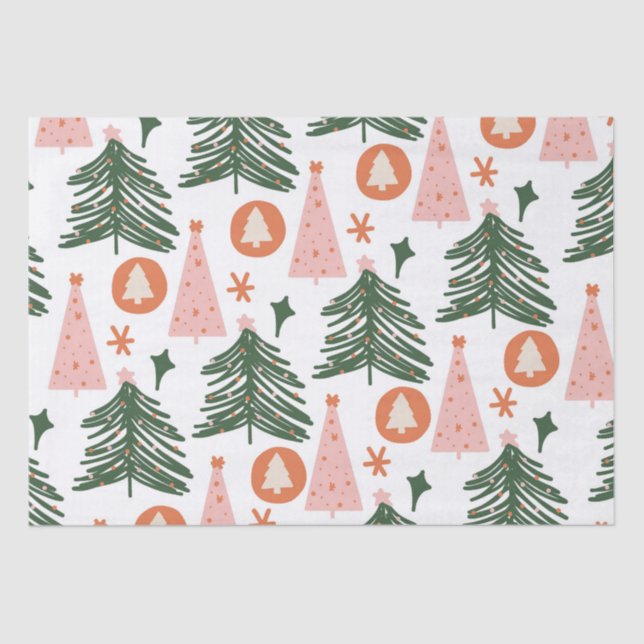 Papel De Seda Árvores de Natal Laranja Boho Verde Rosa (Frente )