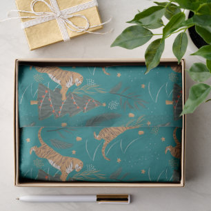 Papel De Seda Árvores de Natal & padrão de tigres em turquesa