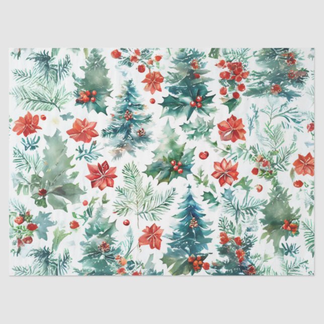 Papel De Seda Árvores de Natal, Poinsettias, Holly e Pine Deco (Frente )