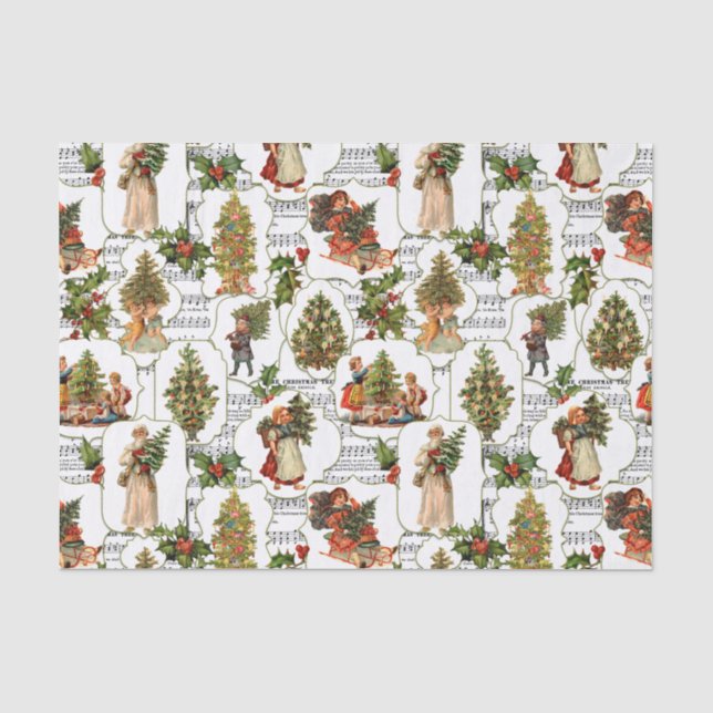 Papel De Seda Árvores de Natal Vitorianas, Holly e Música (Frente )