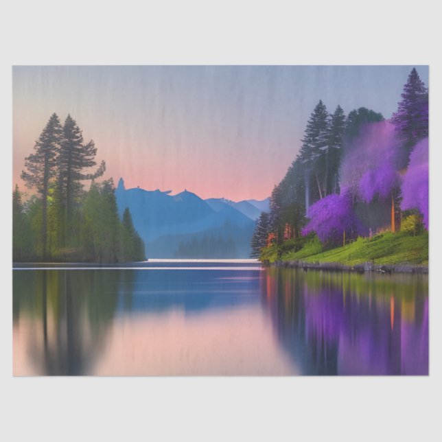 Papel De Seda Árvores Flores Roxas na Baía (Frente )