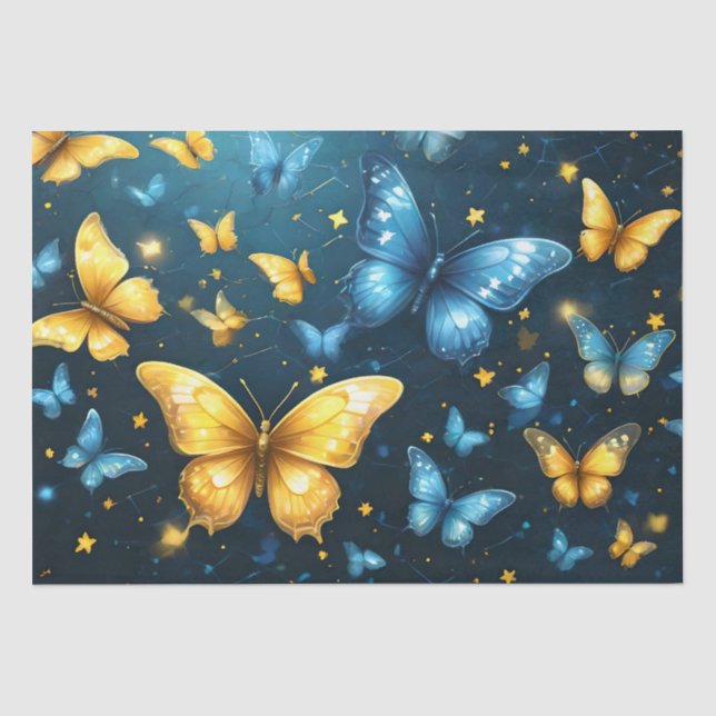 Papel De Seda Asas de alegria: Borboletas voadoras azuis e amare (Frente )