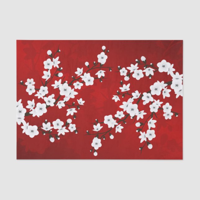 Papel De Seda Asia Floral White Chersom Red (Frente )