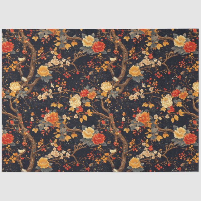Papel De Seda Autumn Black Orange Leaf Chinoiserie (Frente )