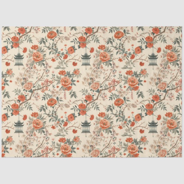 Papel De Seda Autumn Cream Orange Floral Chinoiserie (Frente )