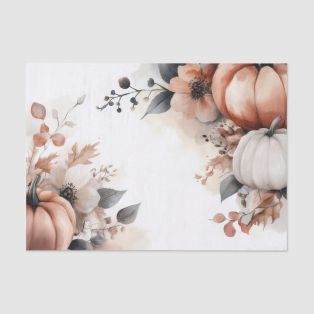 Papel De Seda Autumn Pumpkins and Flowers Fall Pattern Decoupage (Frente )