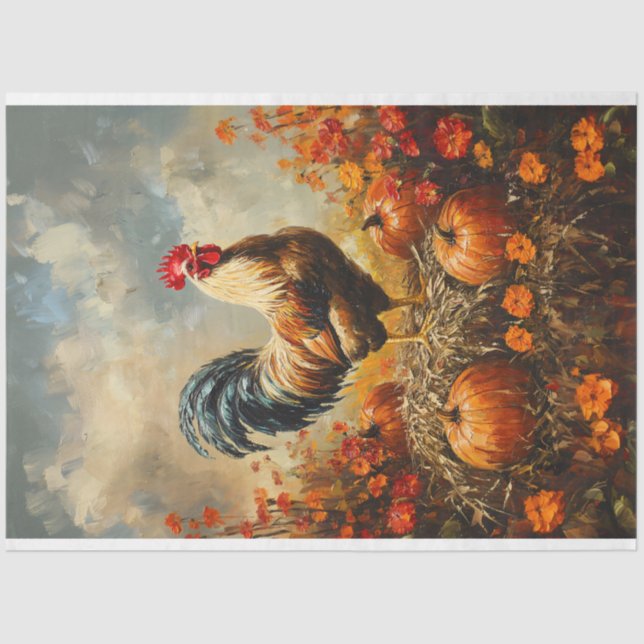 Papel De Seda Autumn Rooster com Pumpkins Decoupage (Frente )