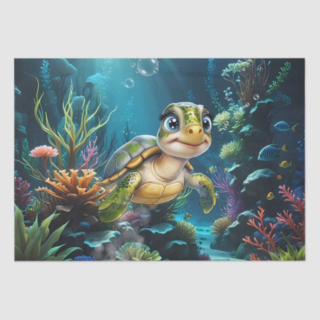 Papel De Seda Aventuras submarinas com a tartaruga alegre. (Frente )