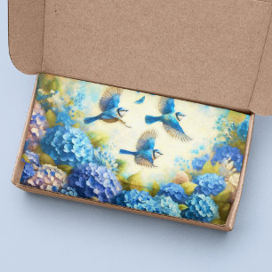 Papel De Seda Aves Azuis Vintage E Hydrangeas