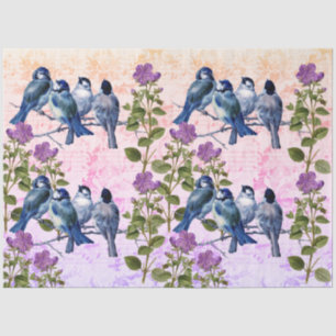 Papel De Seda Aves Azuis Vintage, Flores Música Laranja-Roxo